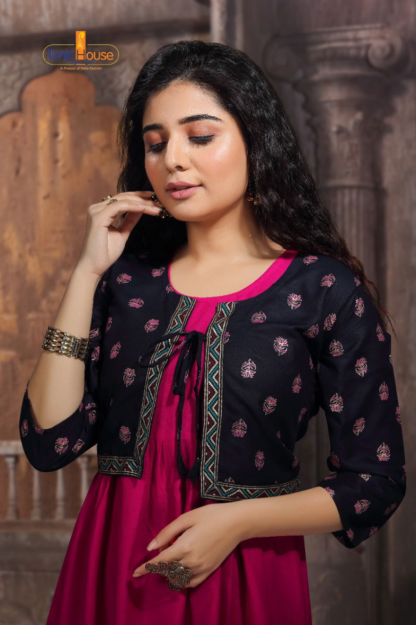 Tunic House Tashan Regular Wear Rayon Printed Anarkali Kurti With Jacket Collection